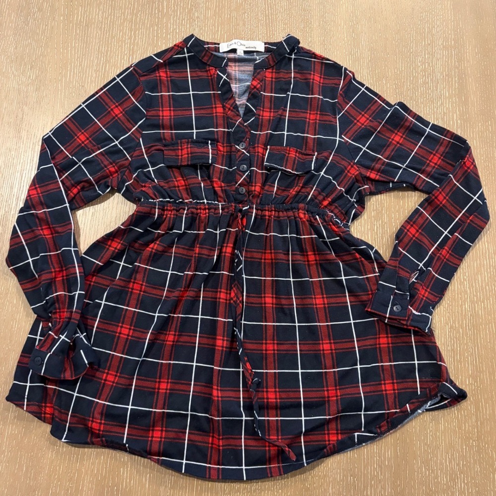 Eden & Olivia Maternity Red Black Plaid Empire Waist Tunic Top Large